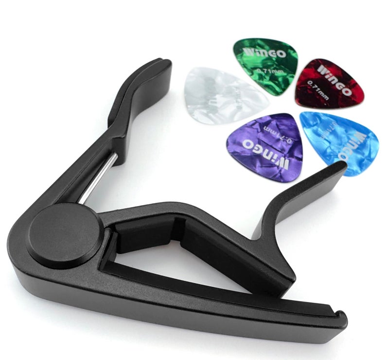 Wingo كابو ونجو للجيتار للأكوستيك والكهربائي مع 5 ريش مجانية، أسود. - Image 4